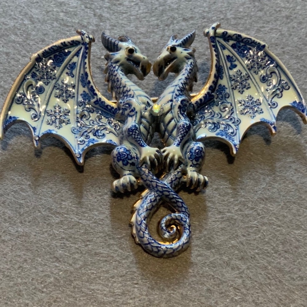 Blue White Chinoiserie Enamel Double Dragon Brooch Gold Tone Fantasy Pin